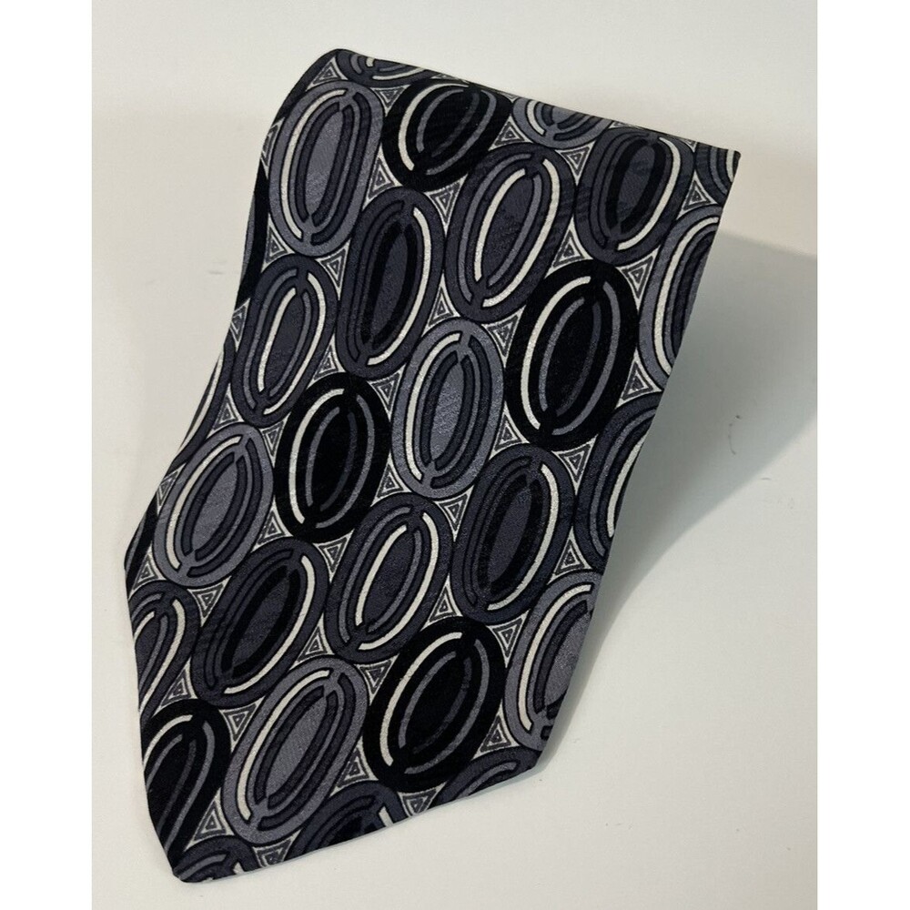 George Machado ZYLOS Necktie 100% Silk Geometric Black Grey/blueish White Silver